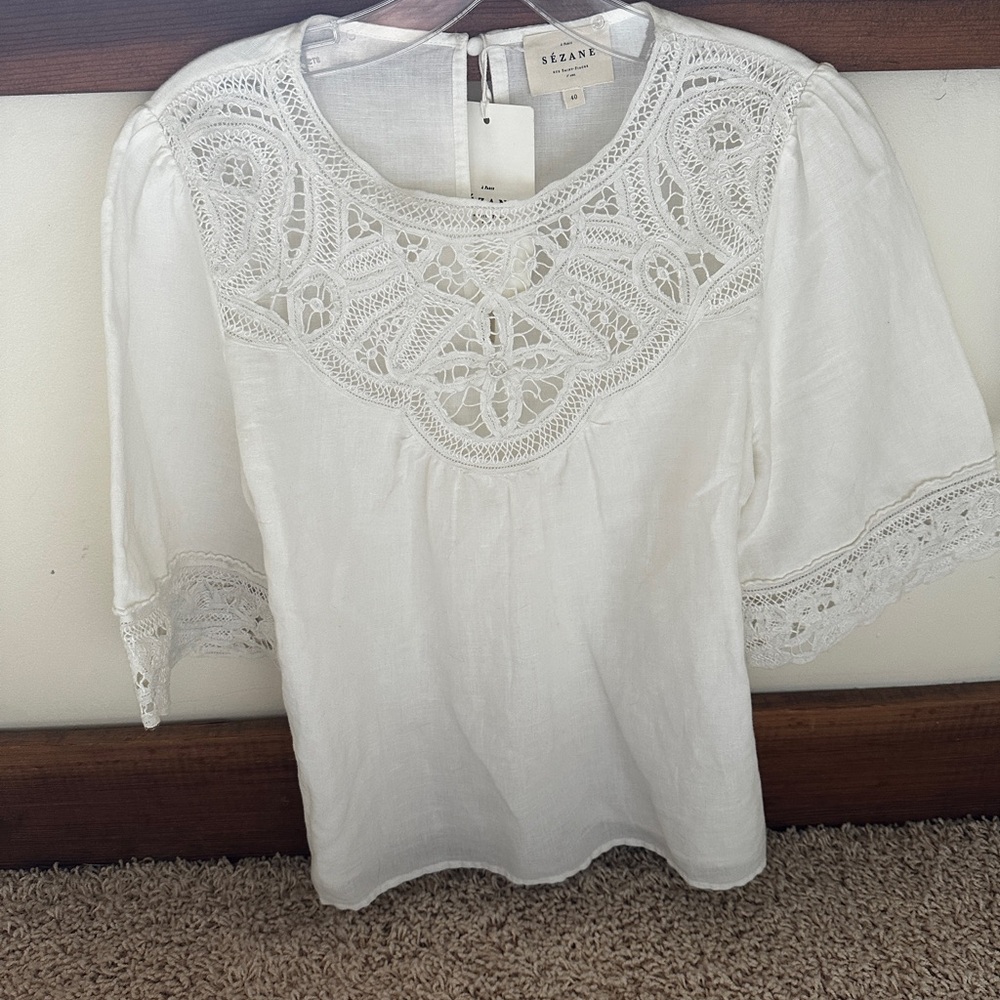 Sezane White Lace Detail Women's Top Blouse Medium 8/40